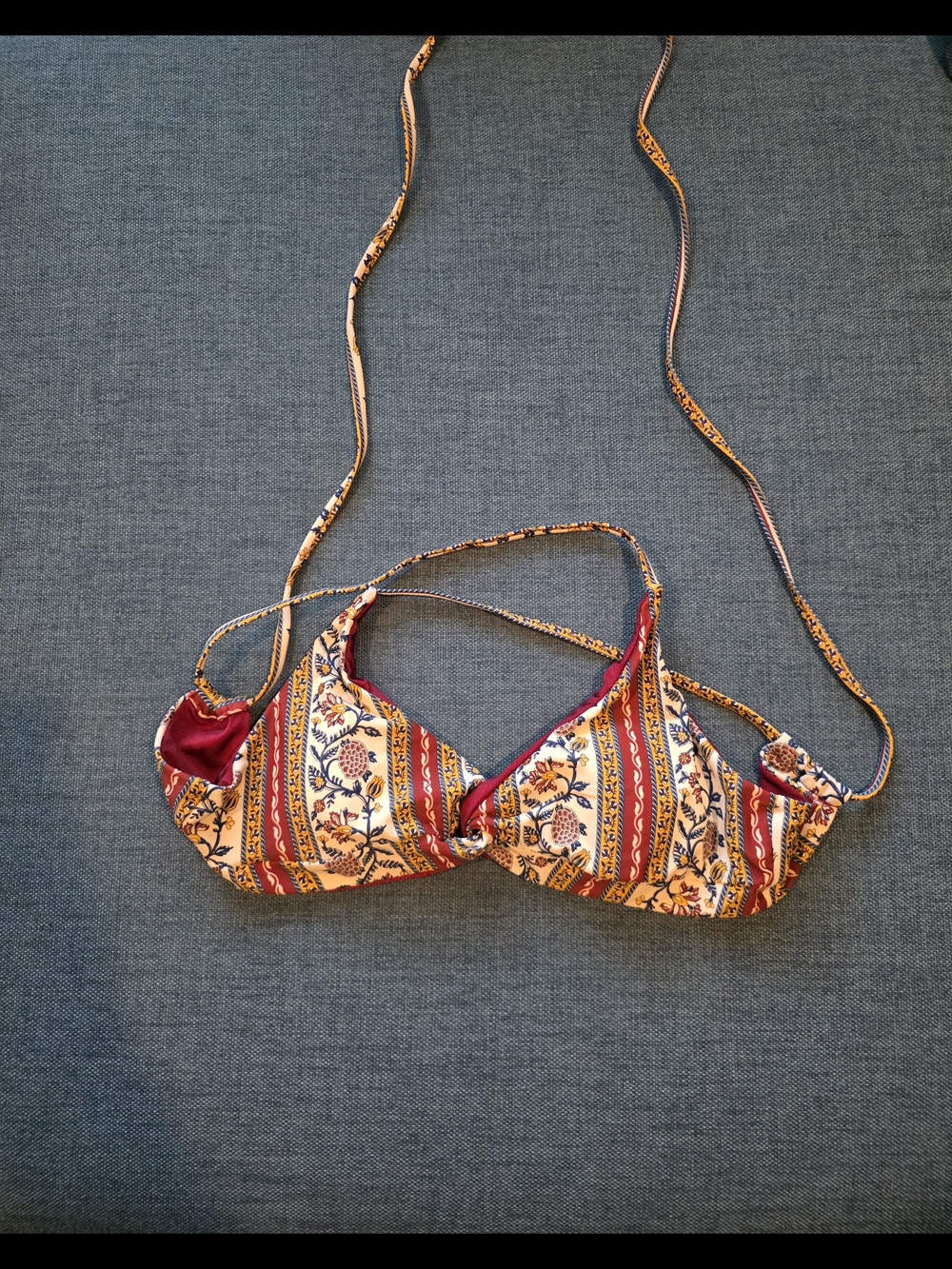 Striped Floral Bikini Top in Mustard & Maroon